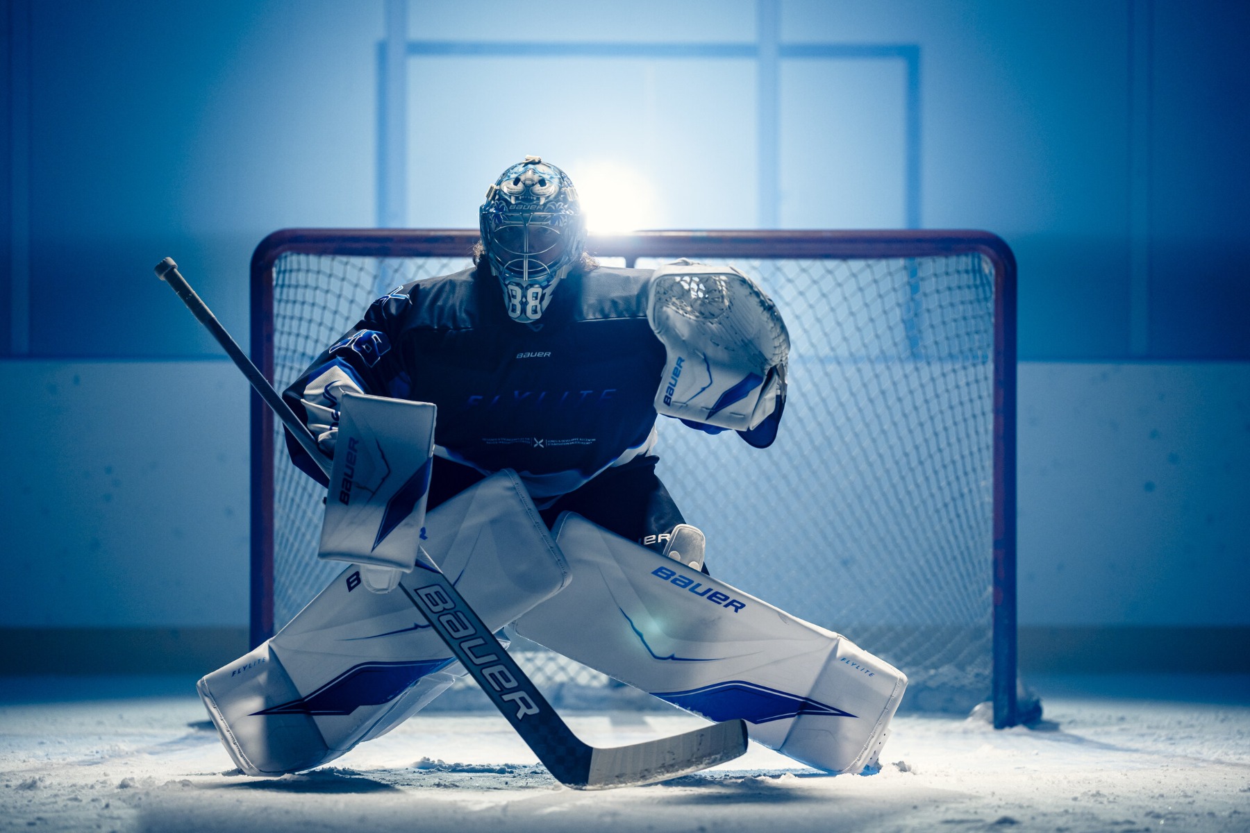 Bauer Vapor Flylite Goal — full kit on a goalie